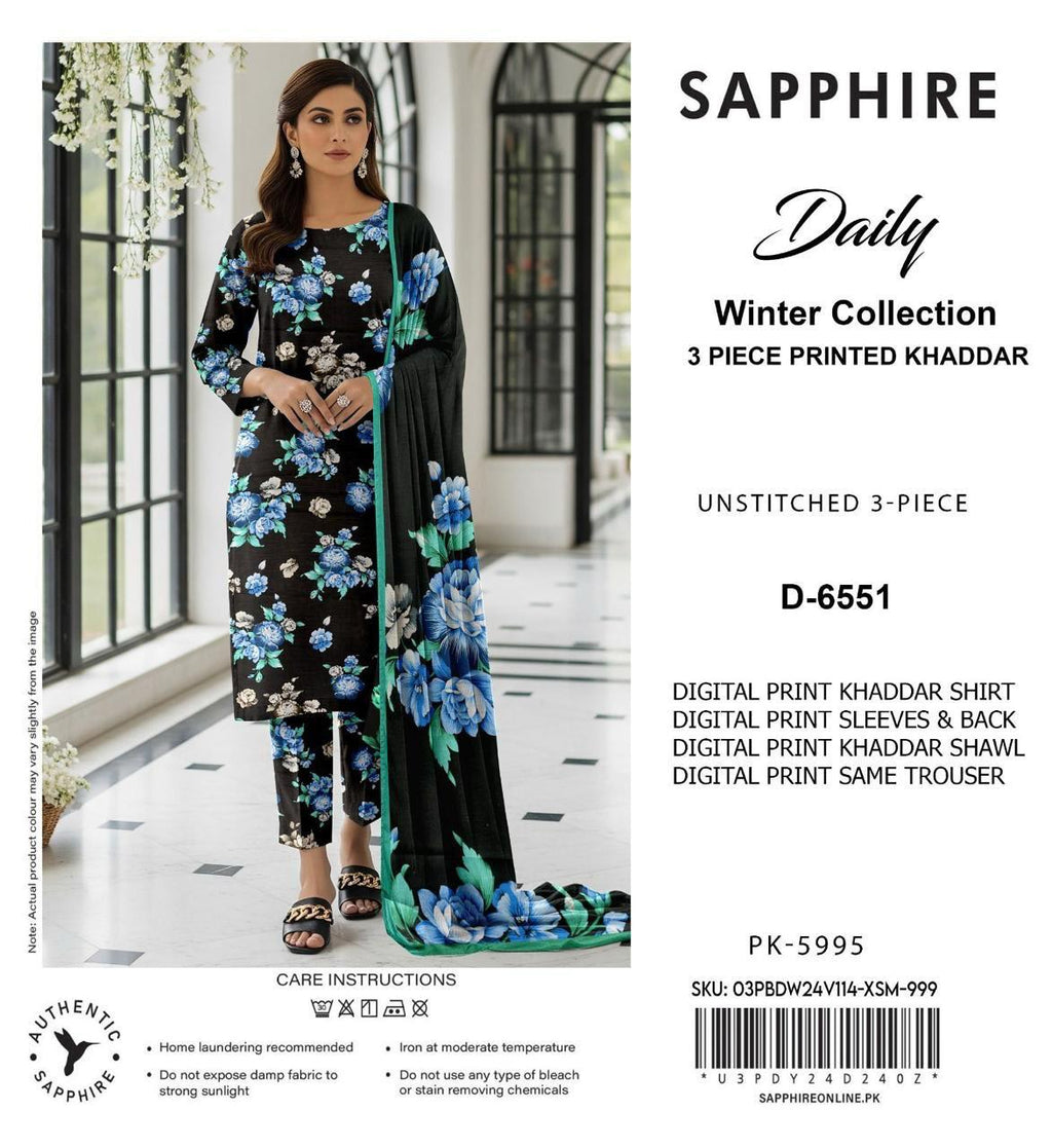 Sapphire Style Digital Printed Khaddar 3 Piece – Unstitched Winter Suit D-6551