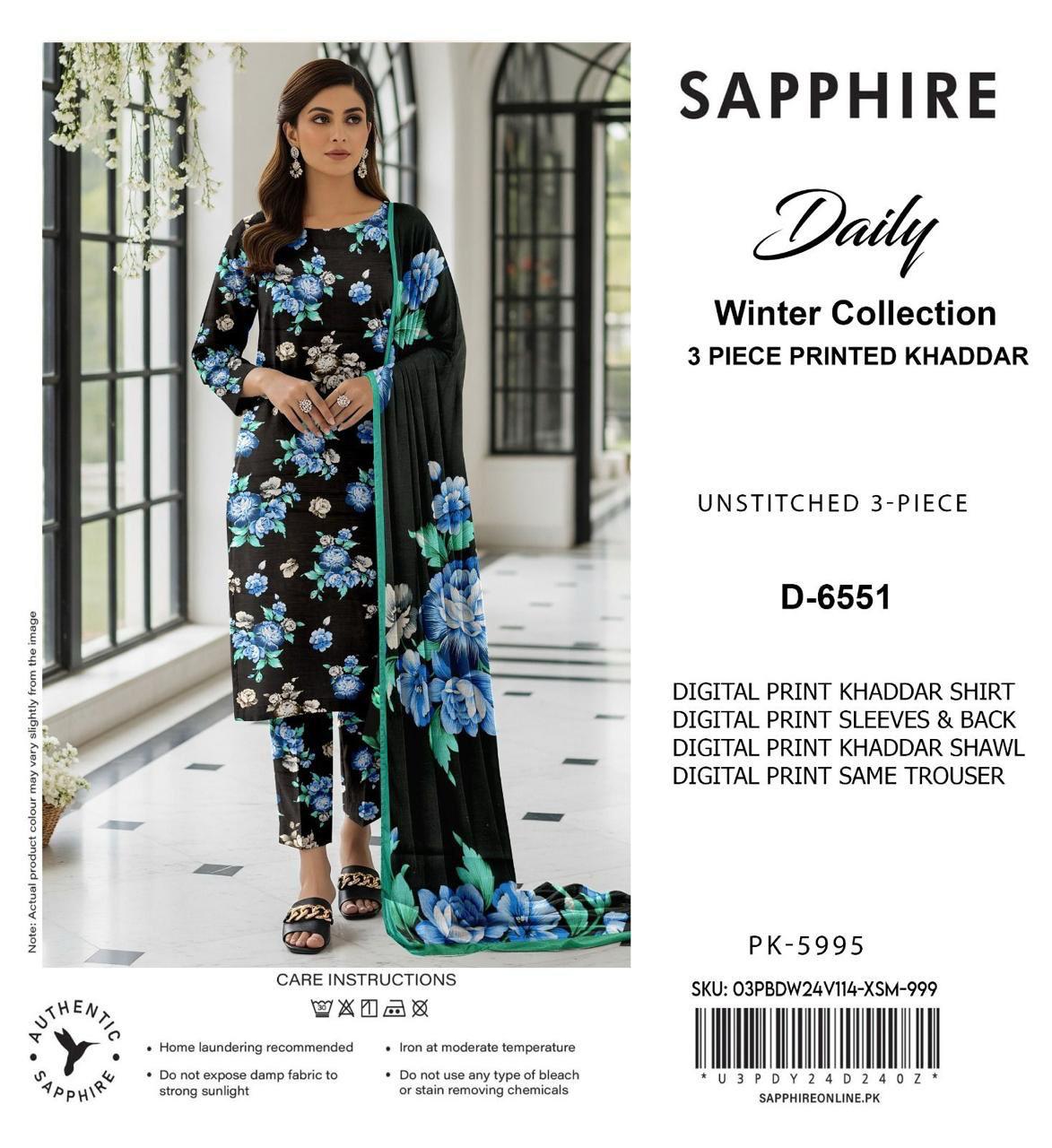 Sapphire Style Digital Printed Khaddar 3 Piece – Unstitched Winter Suit D-6551