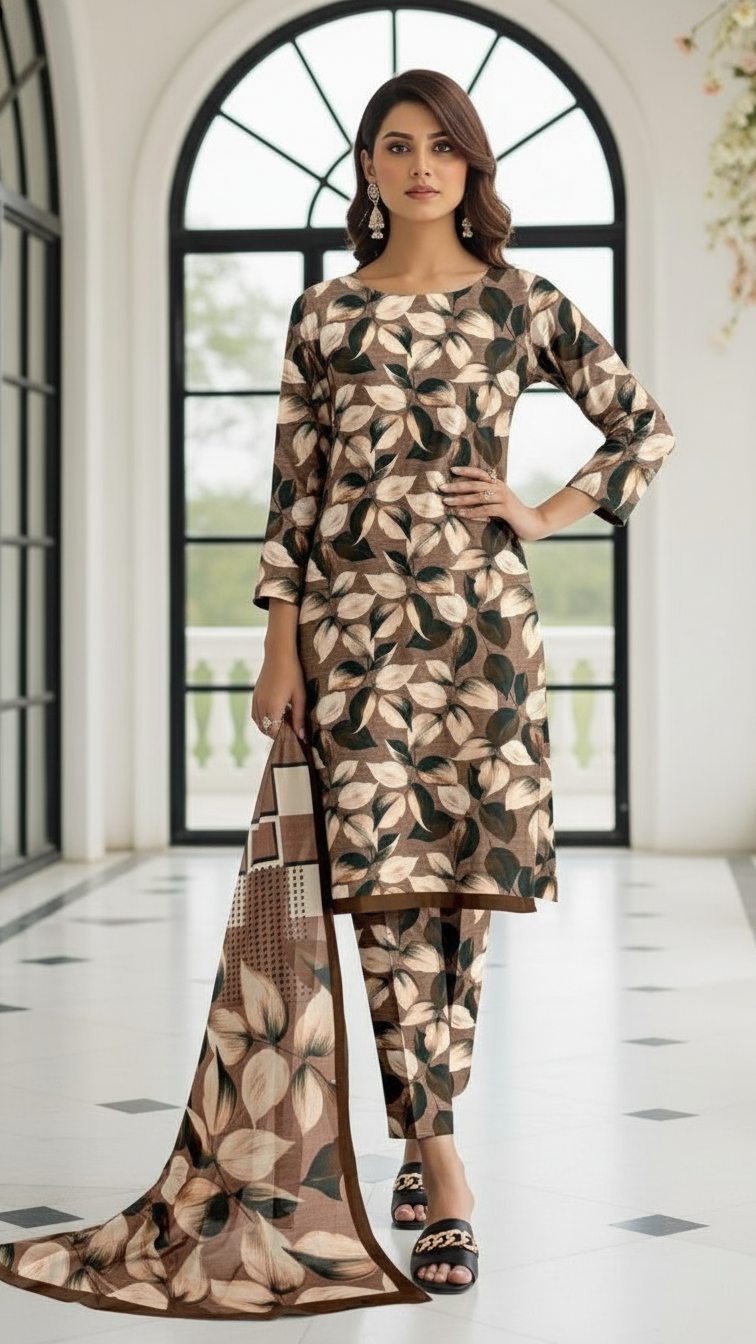 Sapphire Style Digital Printed Khaddar 3 Piece – Unstitched Winter Suit D-6557