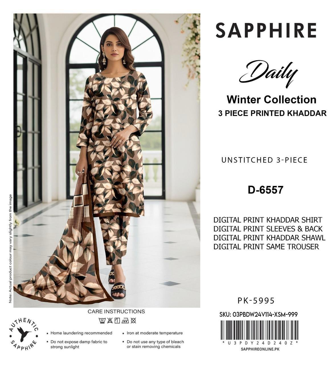Sapphire Style Digital Printed Khaddar 3 Piece – Unstitched Winter Suit D-6557
