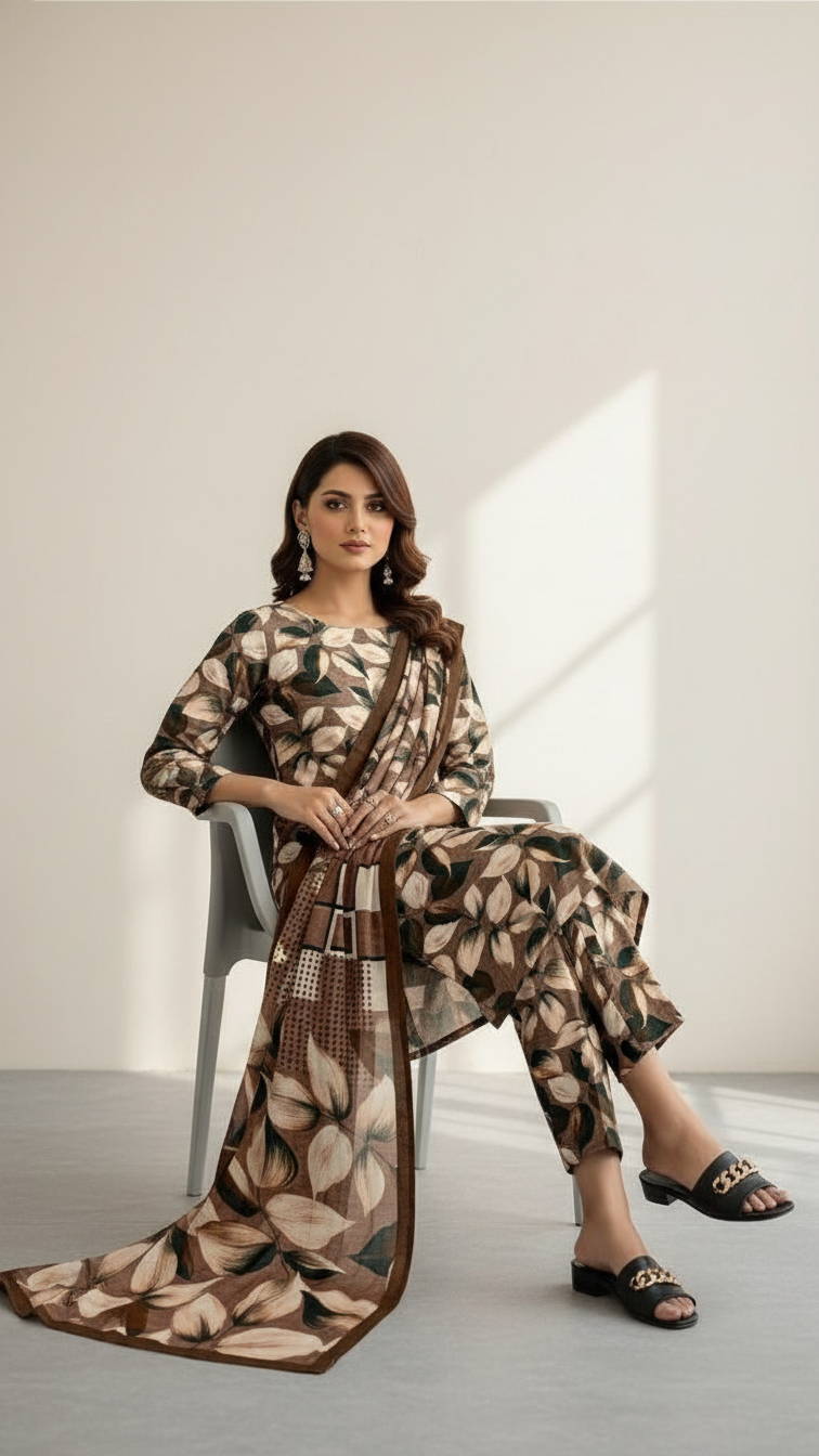 Sapphire Style Digital Printed Khaddar 3 Piece – Unstitched Winter Suit D-6557