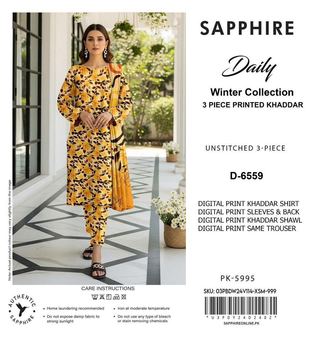 Sapphire Style Digital Printed Khaddar 3 Piece – Unstitched Winter Suit (D-6559)