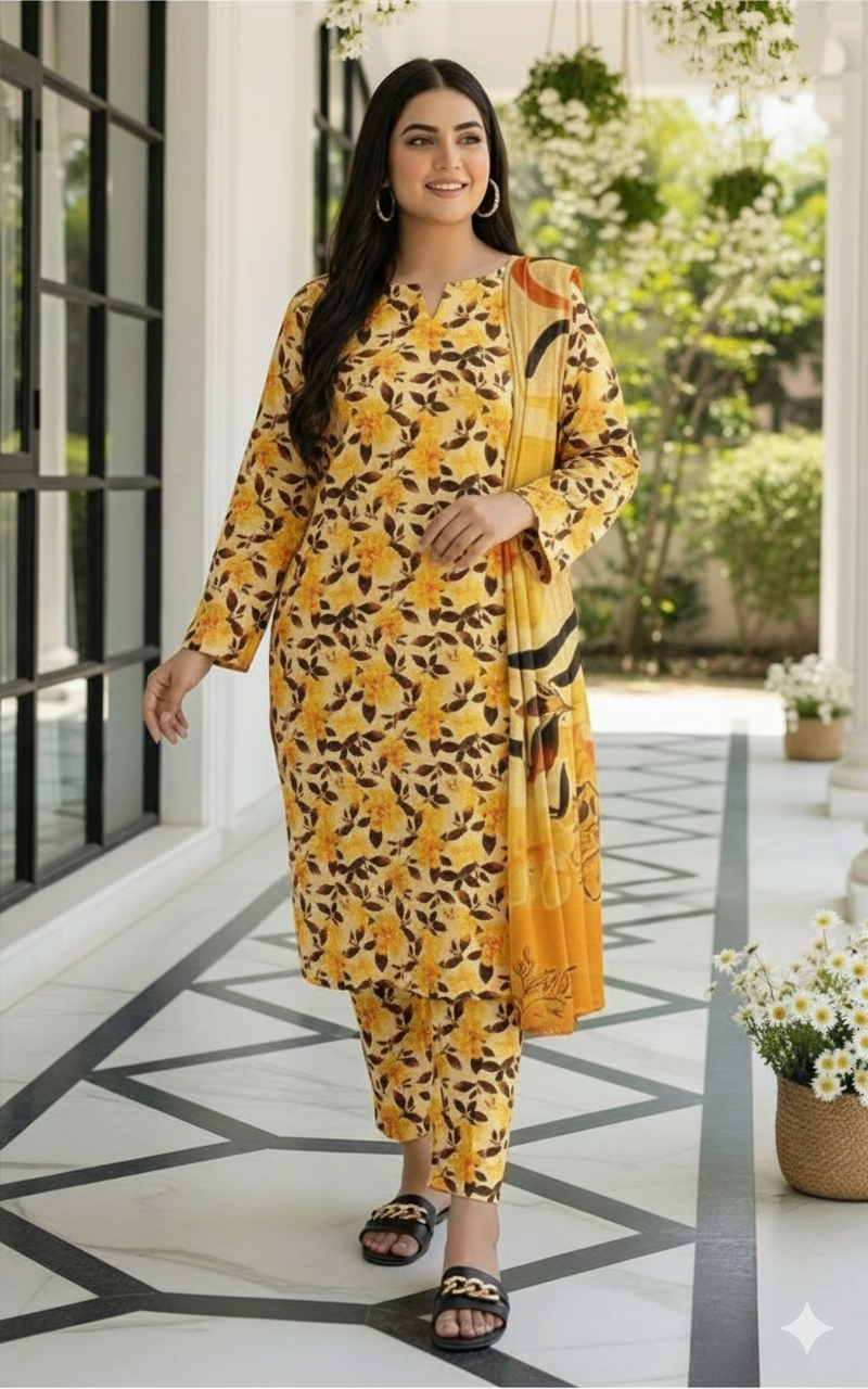 Sapphire Style Digital Printed Khaddar 3 Piece – Unstitched Winter Suit (D-6559)