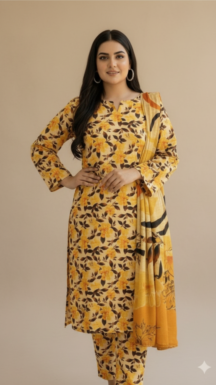 Sapphire Style Digital Printed Khaddar 3 Piece – Unstitched Winter Suit (D-6559)