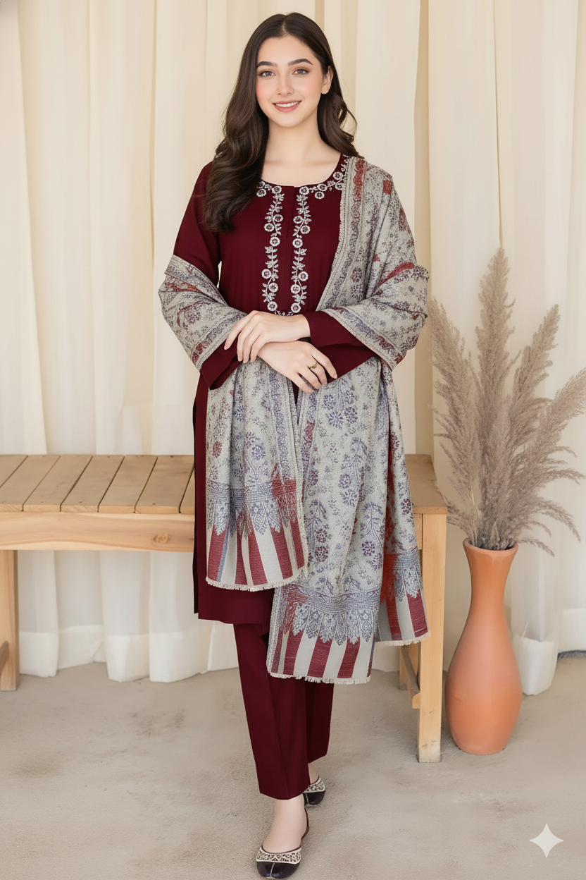 Aysling LU-3001 Winter Collection | Premium Unstitched Dhanak 3-Piece Suit with Wool Shawl