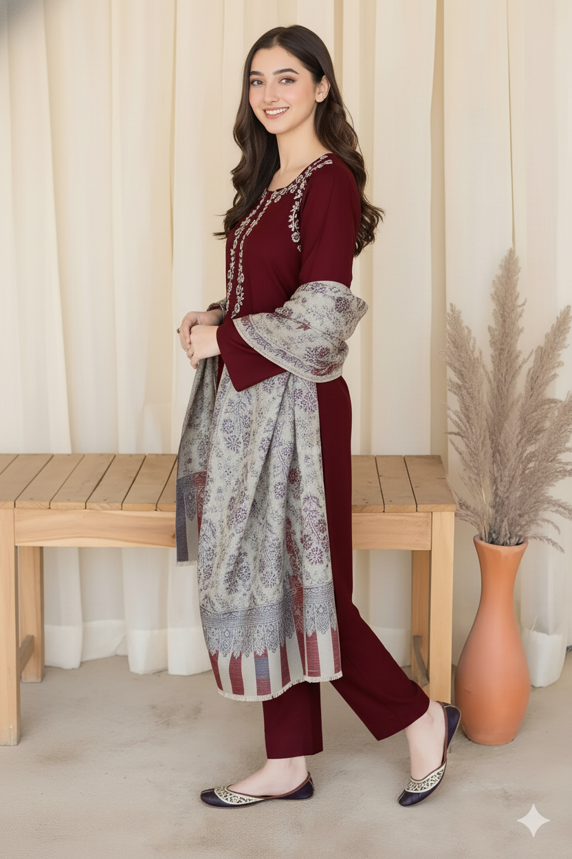 Aysling LU-3001 Winter Collection | Premium Unstitched Dhanak 3-Piece Suit with Wool Shawl