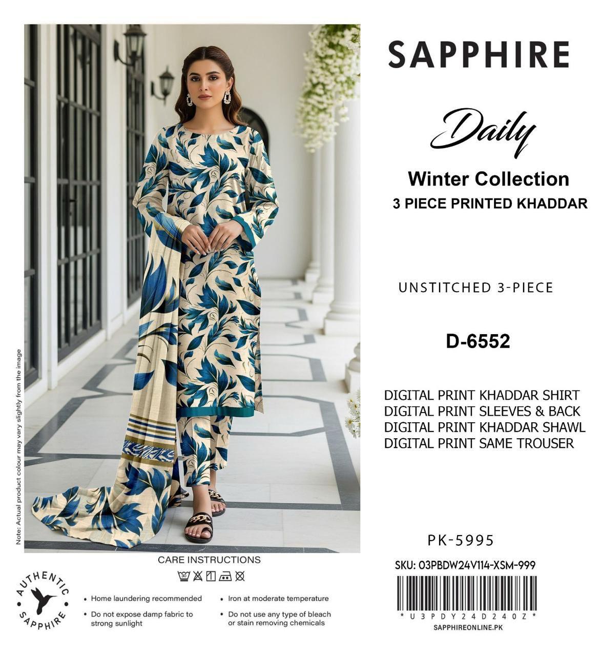 Sapphire Style Digital Printed Khaddar 3 Piece – Unstitched Winter Suit D-6552