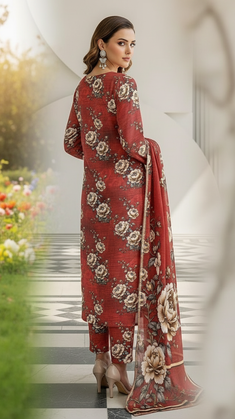 Sapphire Style Digital Printed Khaddar 3 Piece – Unstitched Winter Suit (D-6555)