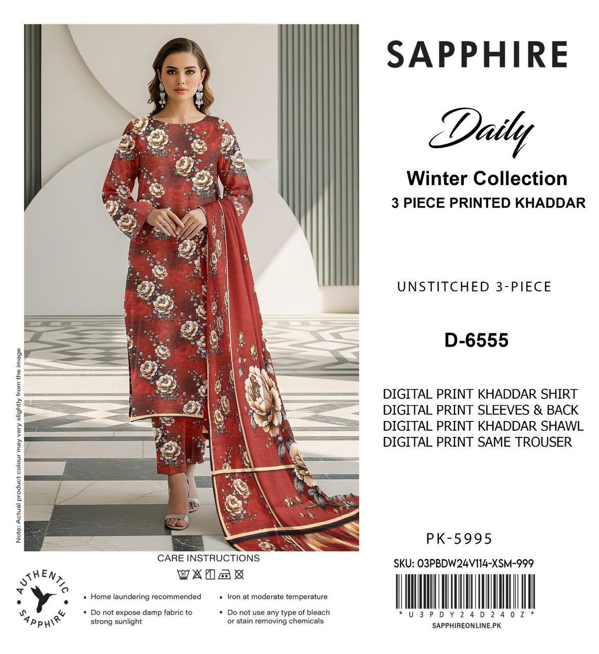 Sapphire Style Digital Printed Khaddar 3 Piece – Unstitched Winter Suit (D-6555)