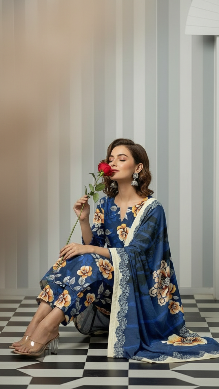 Sapphire Style Digital Printed Khaddar 3 Piece – Unstitched Winter Suit (D-6558)