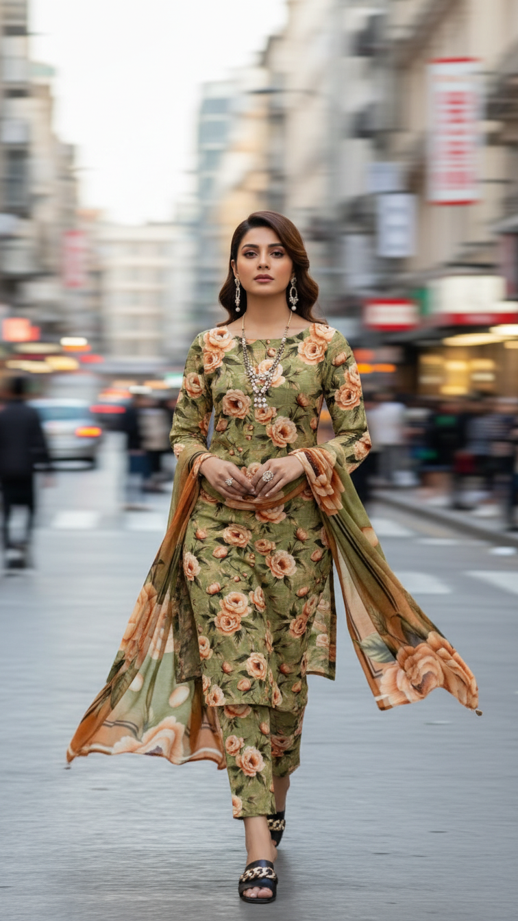 Sapphire Style Digital Printed Khaddar 3 Piece – Unstitched Winter Suit (D-6553)