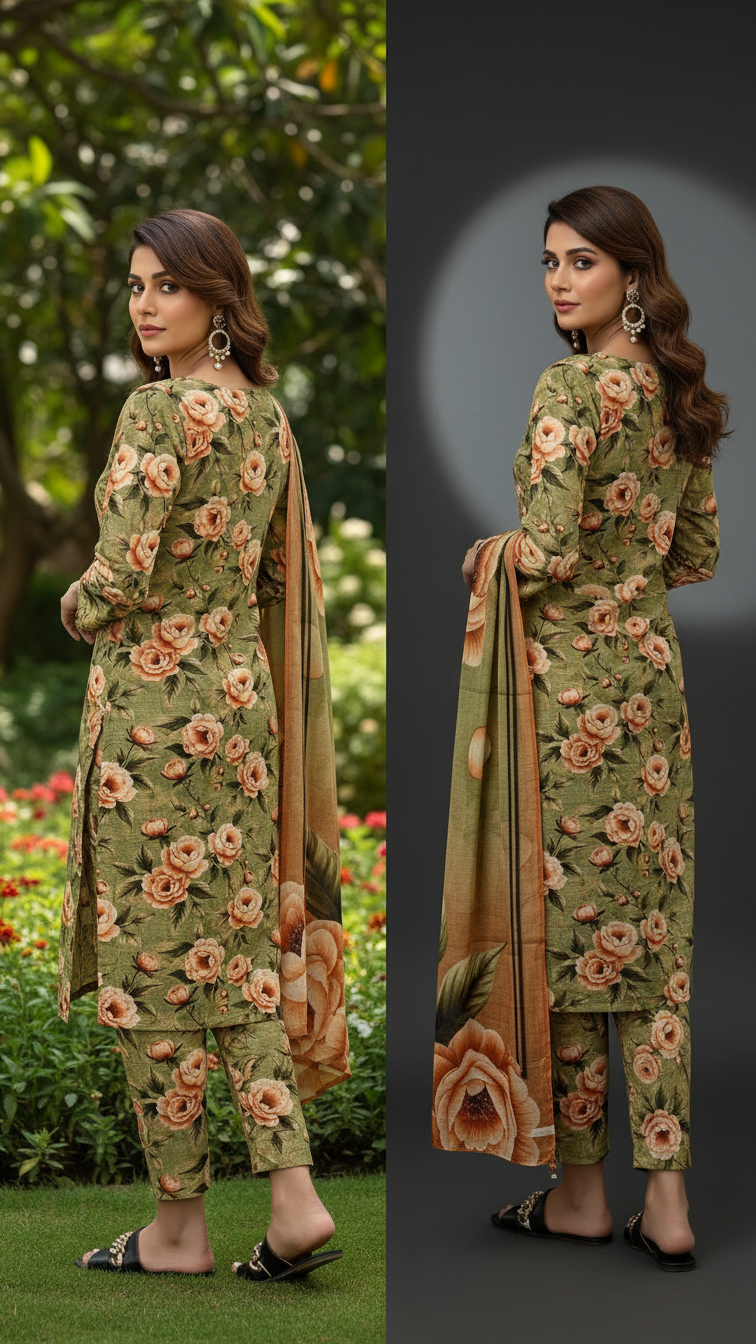 Sapphire Style Digital Printed Khaddar 3 Piece – Unstitched Winter Suit (D-6553)