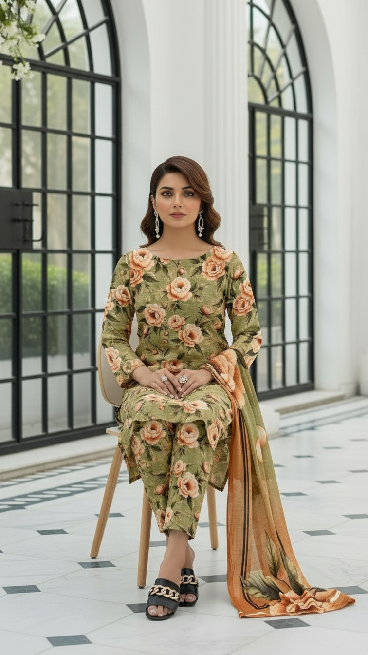 Sapphire Style Digital Printed Khaddar 3 Piece – Unstitched Winter Suit (D-6553)