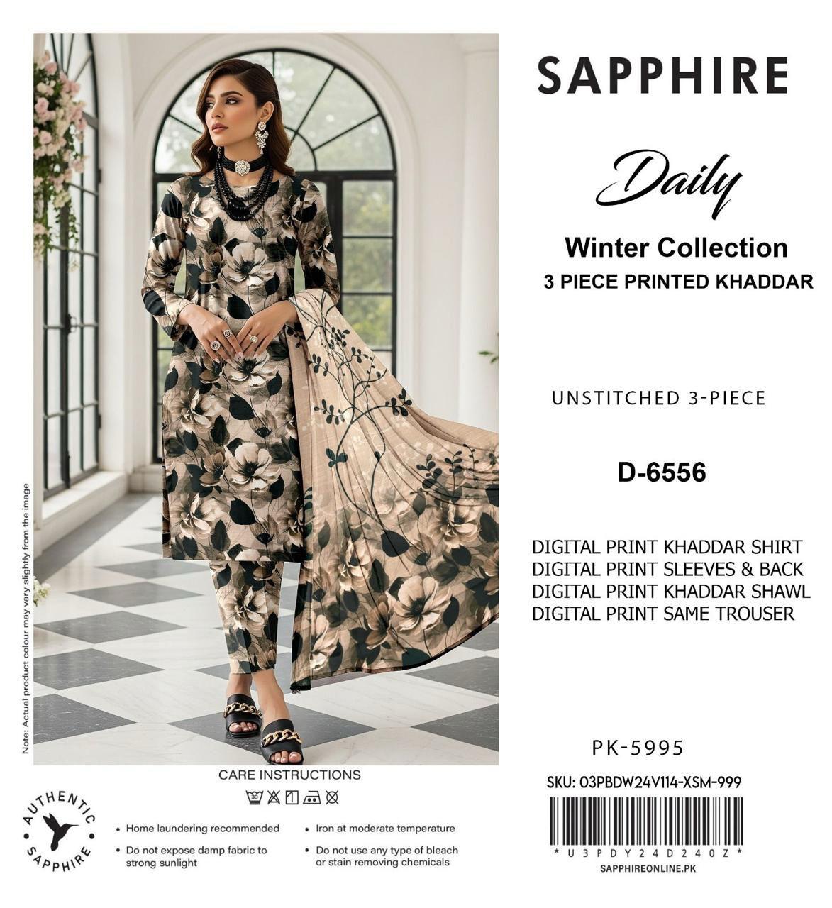 Sapphire Style Digital Printed Khaddar 3 Piece – Unstitched Winter Suit (D-6556)