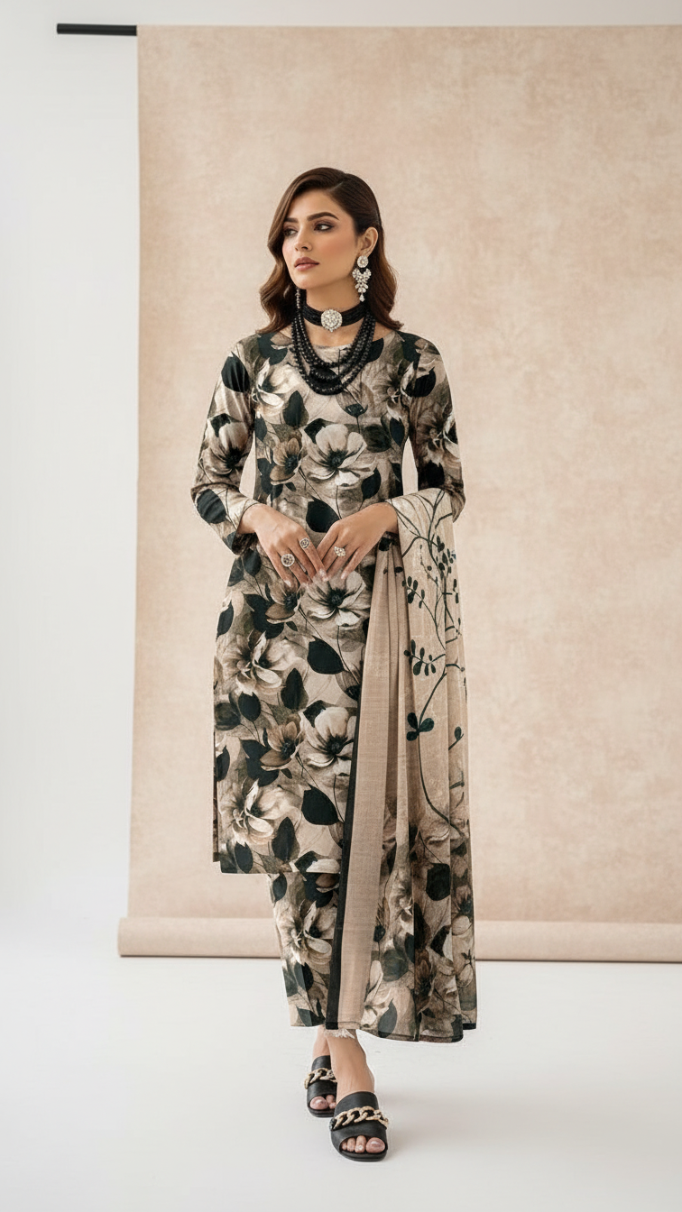 Sapphire Style Digital Printed Khaddar 3 Piece – Unstitched Winter Suit (D-6556)