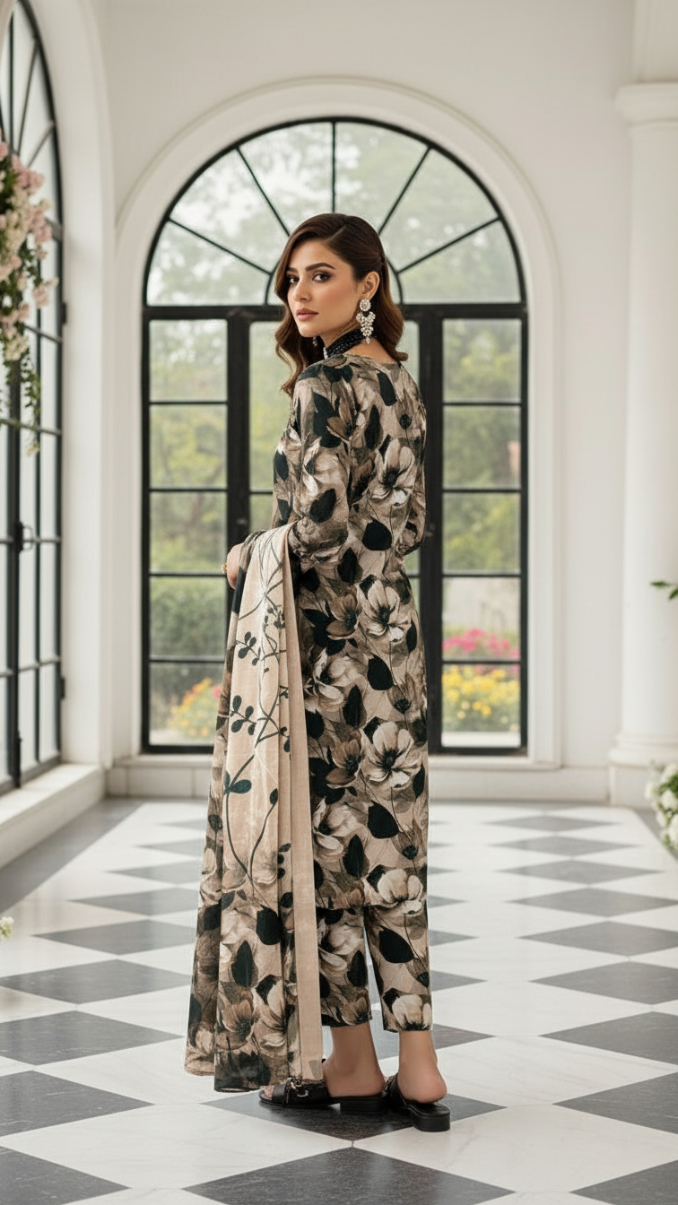 Sapphire Style Digital Printed Khaddar 3 Piece – Unstitched Winter Suit (D-6556)