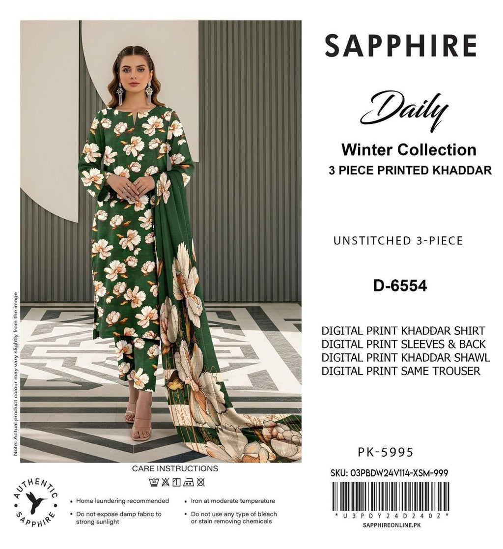Sapphire Style Digital Printed Khaddar 3 Piece – Unstitched Winter Suit (D-6554)