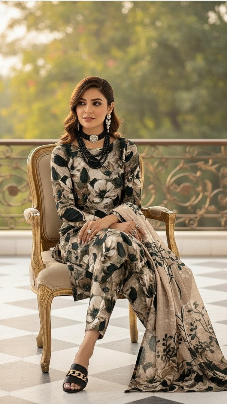 Sapphire Style Digital Printed Khaddar 3 Piece – Unstitched Winter Suit (D-6556)