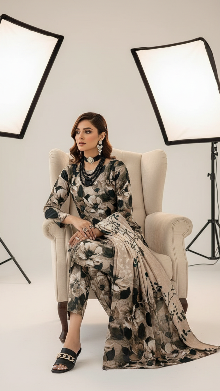 Sapphire Style Digital Printed Khaddar 3 Piece – Unstitched Winter Suit (D-6556)