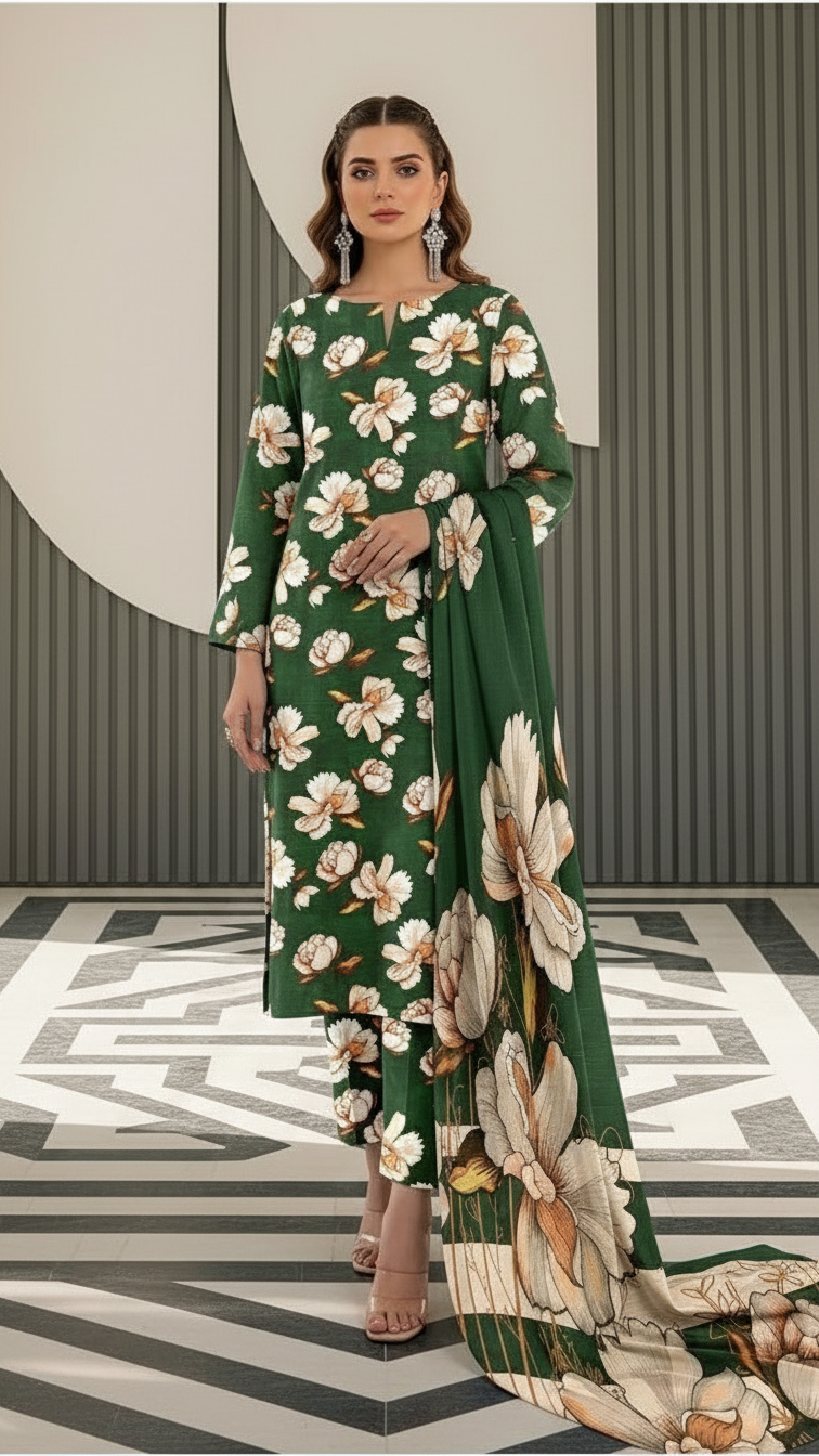 Sapphire Style Digital Printed Khaddar 3 Piece – Unstitched Winter Suit (D-6554)