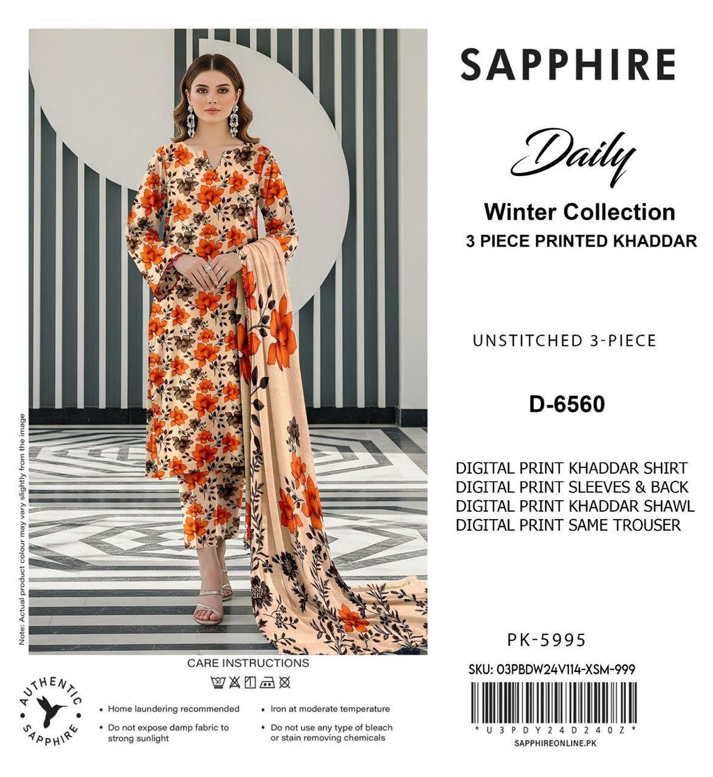 Sapphire Style Digital Printed Khaddar 3 Piece – Unstitched Winter Suit (D-6560)