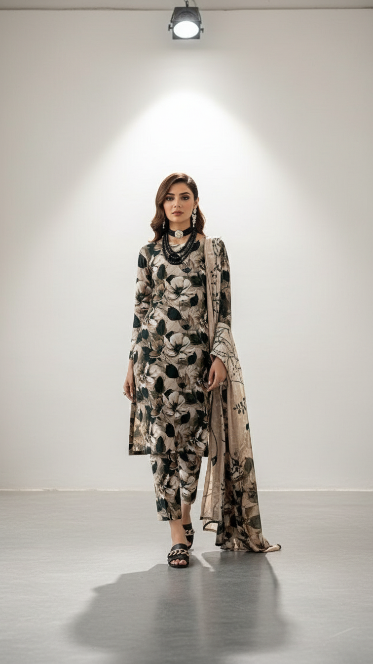 Sapphire Style Digital Printed Khaddar 3 Piece – Unstitched Winter Suit (D-6556)