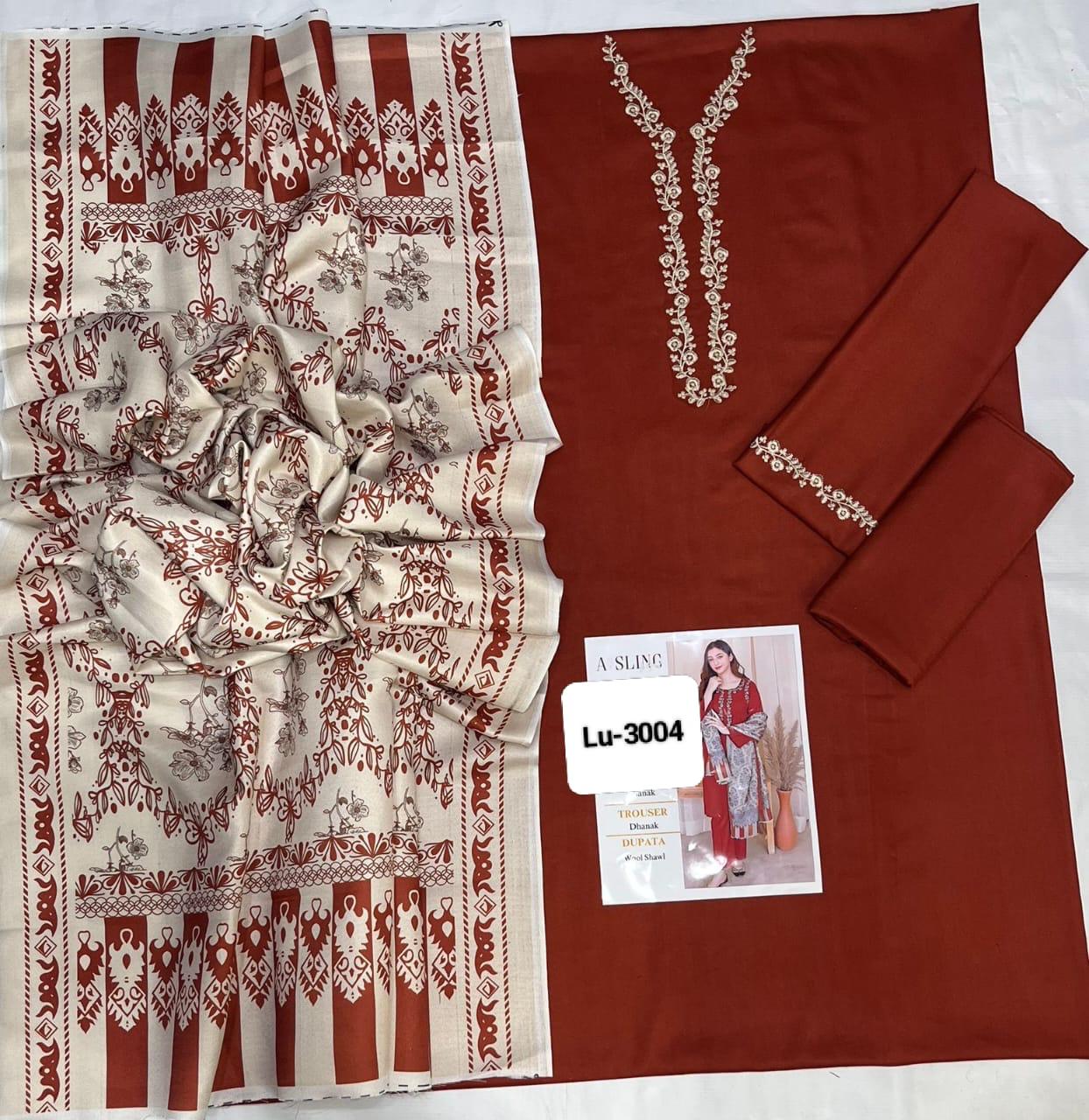 Aysling LU-3001 Winter Collection | Premium Unstitched Dhanak 3-Piece Suit with Wool Shawl