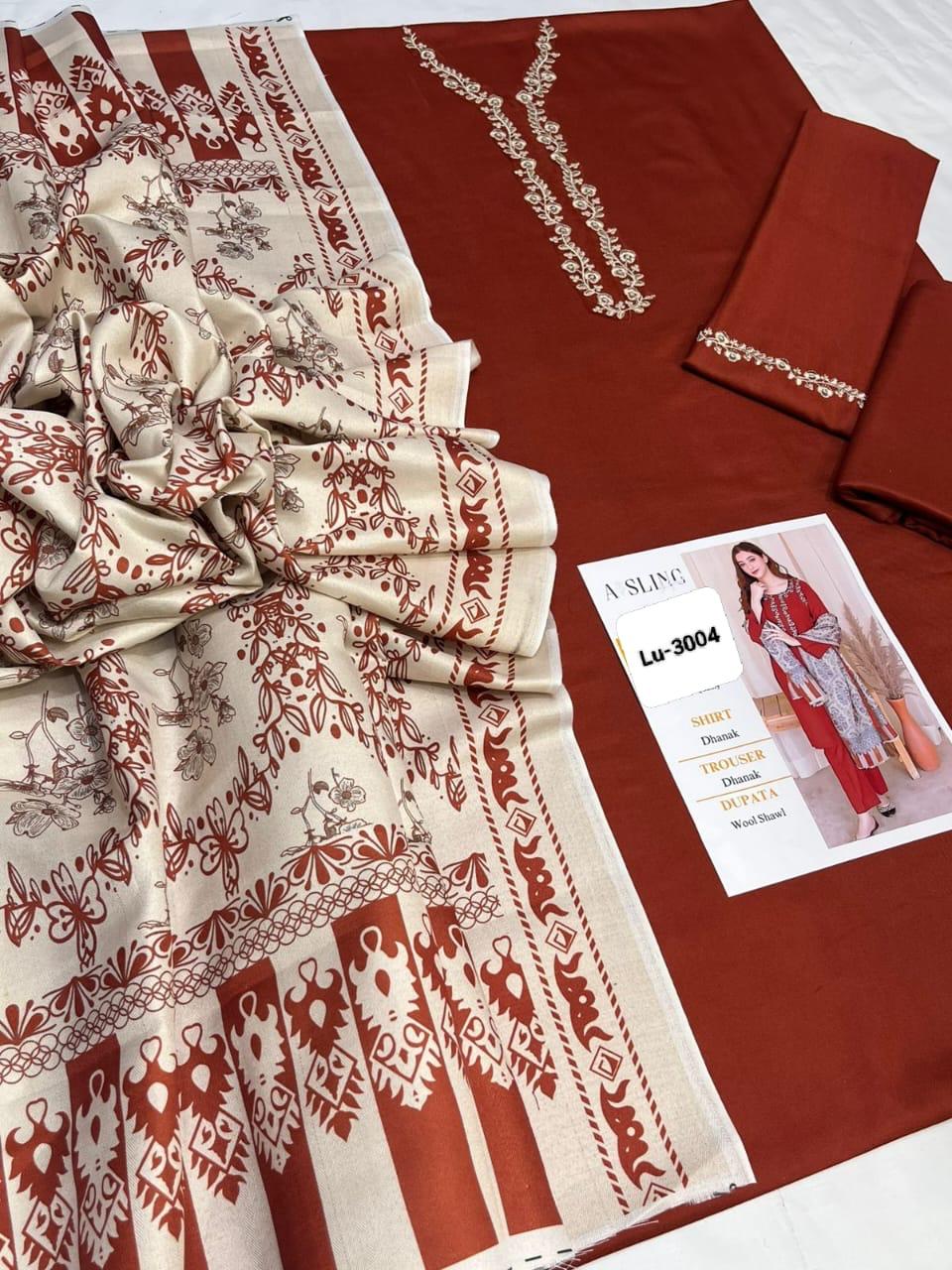 Aysling LU-3001 Winter Collection | Premium Unstitched Dhanak 3-Piece Suit with Wool Shawl