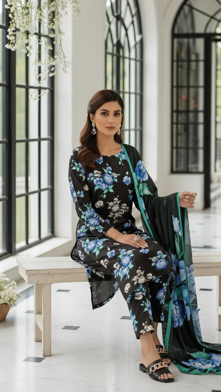 Sapphire Style Digital Printed Khaddar 3 Piece – Unstitched Winter Suit D-6551