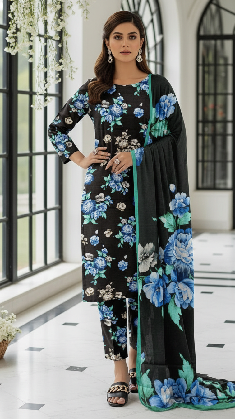 Sapphire Style Digital Printed Khaddar 3 Piece – Unstitched Winter Suit D-6551