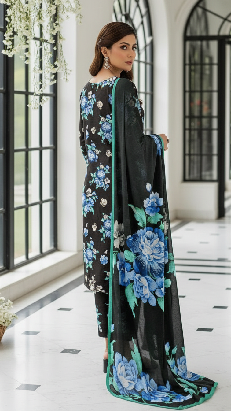 Sapphire Style Digital Printed Khaddar 3 Piece – Unstitched Winter Suit D-6551