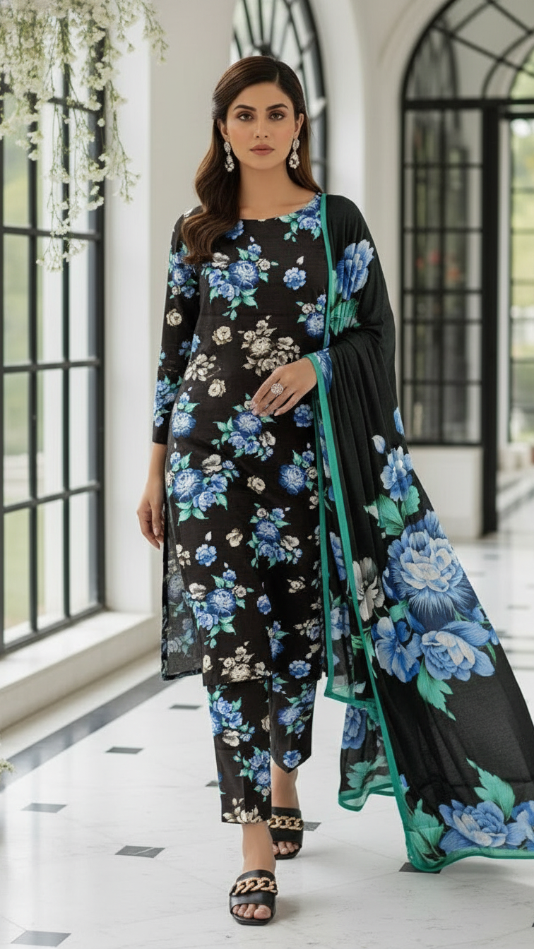 Sapphire Style Digital Printed Khaddar 3 Piece – Unstitched Winter Suit D-6551