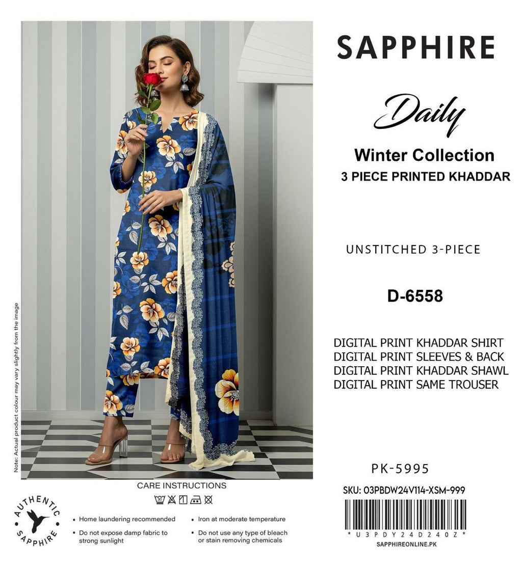 Sapphire Style Digital Printed Khaddar 3 Piece – Unstitched Winter Suit (D-6558)