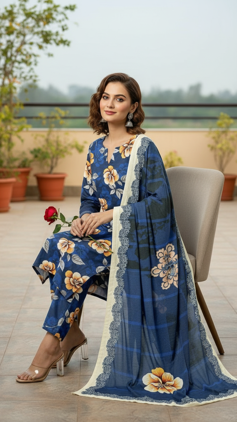 Sapphire Style Digital Printed Khaddar 3 Piece – Unstitched Winter Suit (D-6558)