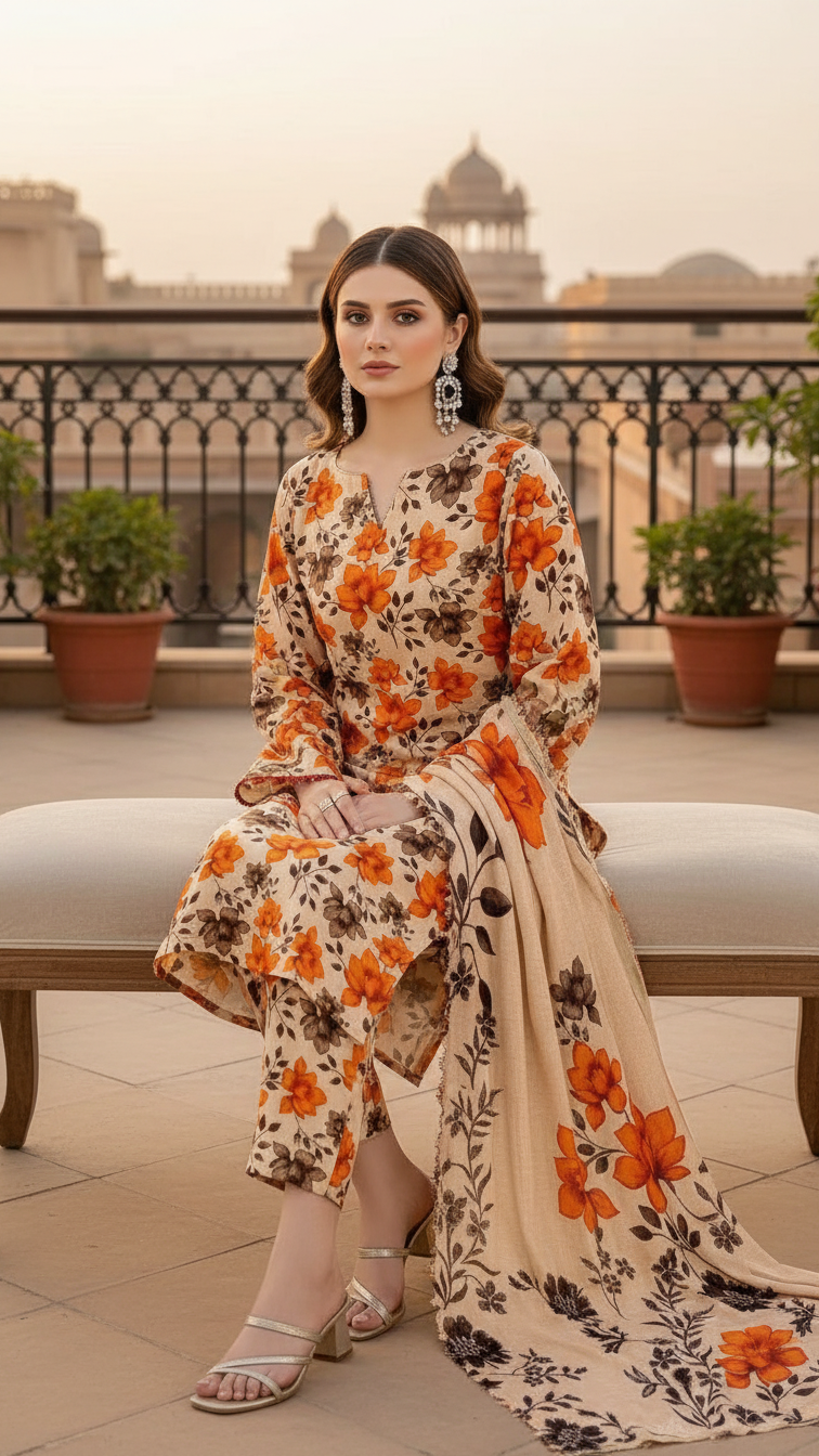 Sapphire Style Digital Printed Khaddar 3 Piece – Unstitched Winter Suit (D-6560)