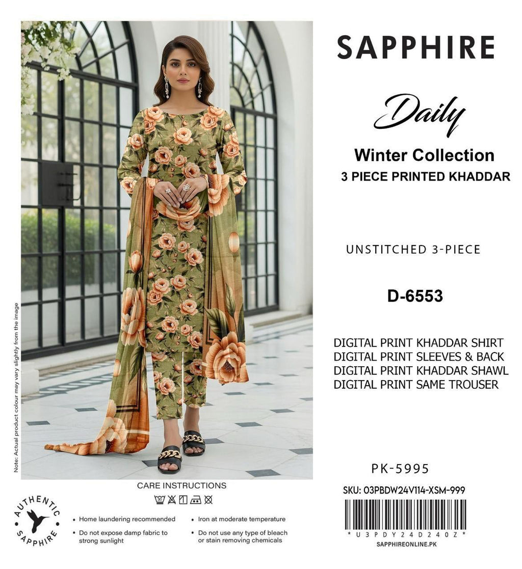 Sapphire Style Digital Printed Khaddar 3 Piece – Unstitched Winter Suit (D-6553)