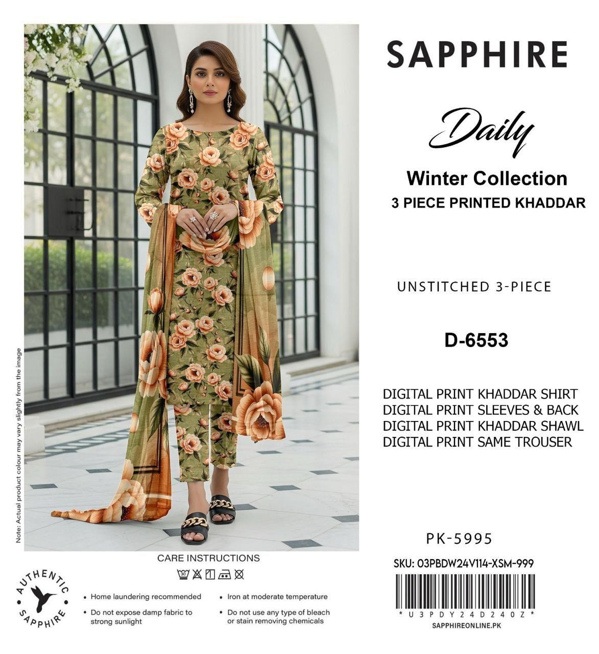 Sapphire Style Digital Printed Khaddar 3 Piece – Unstitched Winter Suit (D-6553)