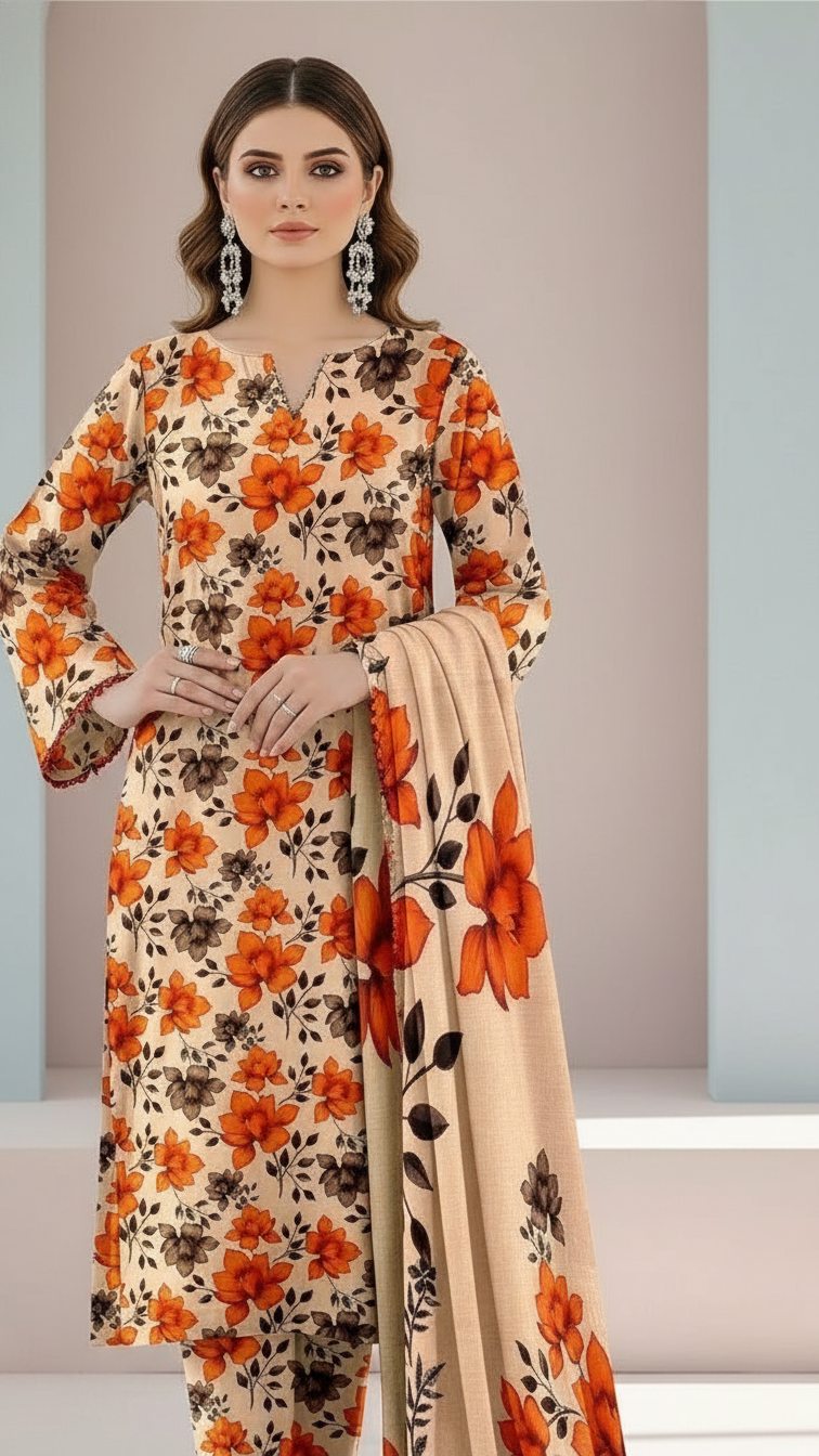 Sapphire Style Digital Printed Khaddar 3 Piece – Unstitched Winter Suit (D-6560)