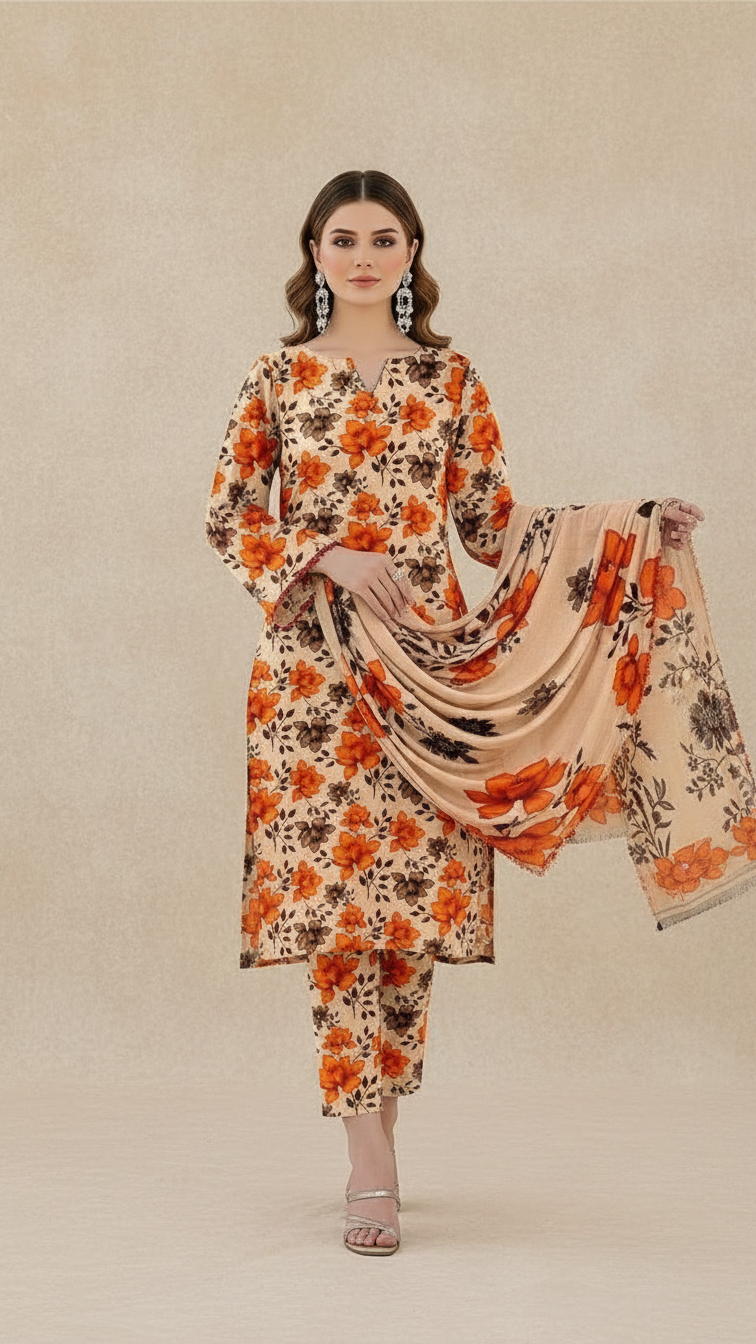 Sapphire Style Digital Printed Khaddar 3 Piece – Unstitched Winter Suit (D-6560)