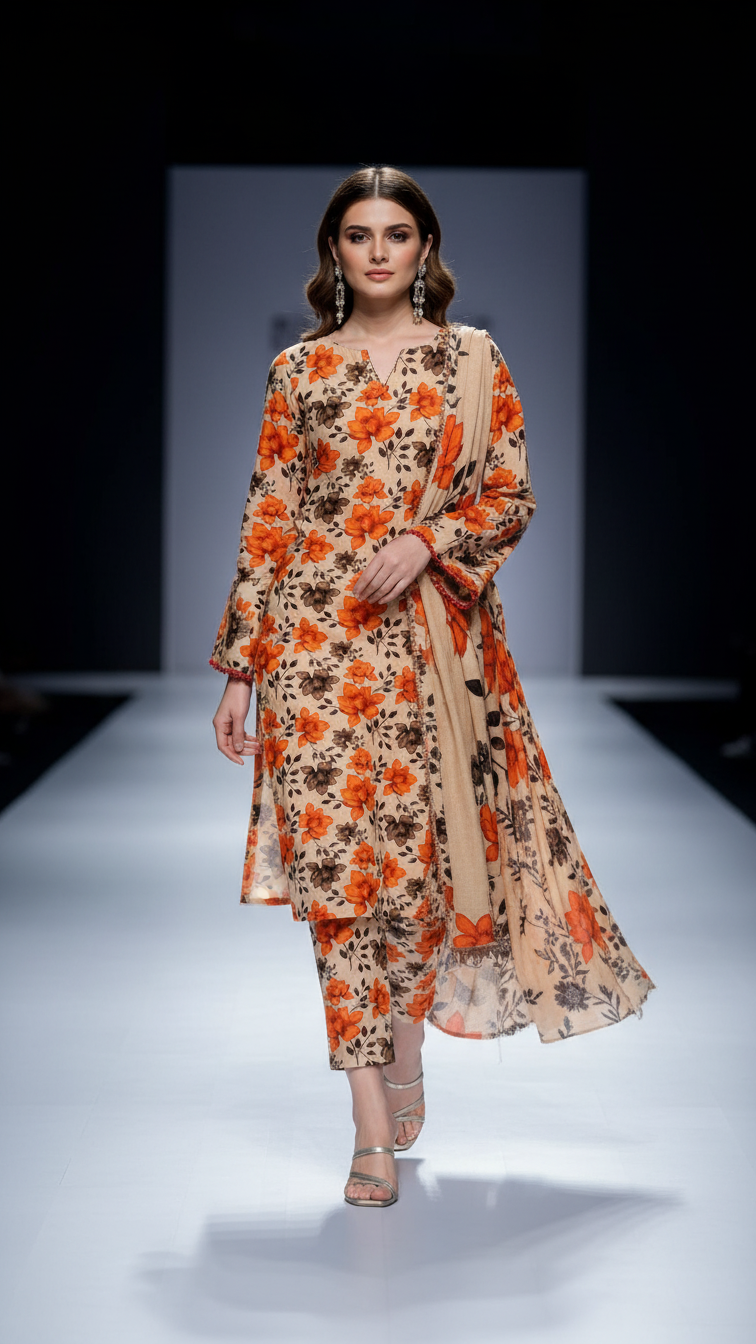 Sapphire Style Digital Printed Khaddar 3 Piece – Unstitched Winter Suit (D-6560)